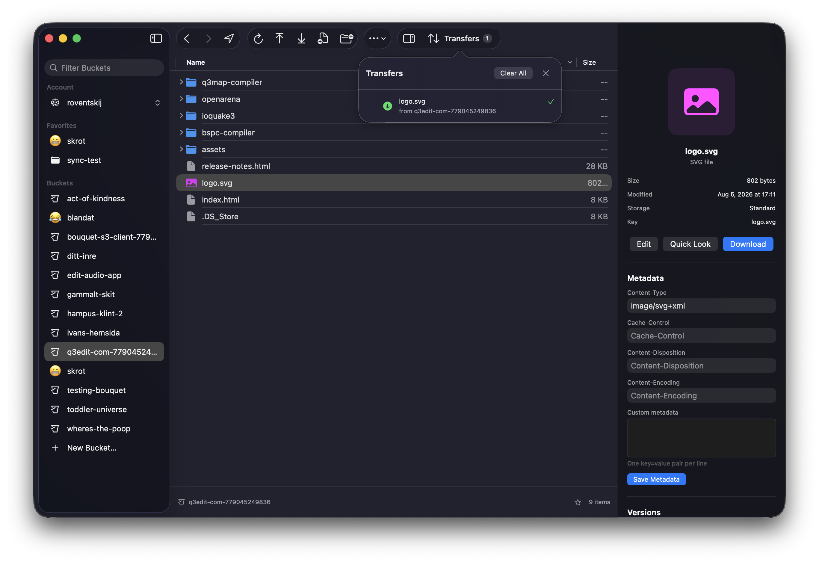 The Bouquet main window: a sidebar of buckets, a folder listing with logo.svg selected, a finished download in the Transfers popover, and the inspector showing the object's size, key, and editable metadata